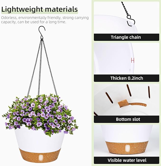 QCQHDU 2 Pack 10 Inch Hanging Planters for Indoor Outdoor Plants, Hanging Baskets Flower Pots with Reservoir Tray & Visible Water-Level