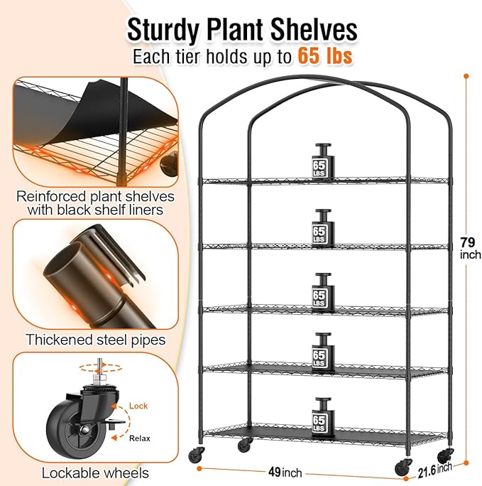5 Tier Metal Plant Stand with Grow Light & PVC Cover Portable Mini Greenhouse with Shelves Adjustable Small Indoor Green House with Grow Light for Indoor Plants, Seedling Rack 49"x21.6"x79"
