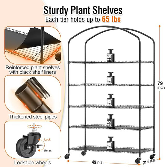 5 Tier Metal Plant Stand with Grow Light & PVC Cover Portable Mini Greenhouse with Shelves Adjustable Small Indoor Green House with Grow Light for Indoor Plants, Seedling Rack 49"x21.6"x79"