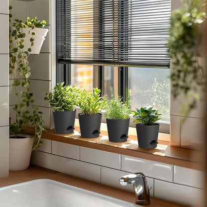 4 inch Self Watering Pots for Indoor Outdoor Plants, 6 Pack Plastic Flower Planters with Drainage Holes and Removable Saucers, Plant Pots with Wicking Rope, Modern Decor, Black