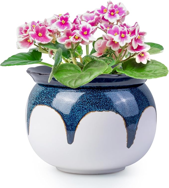 African Violet Pots, 6 Inch Self Watering Pots for Indoor Plants, Easy Plant Self Watering Planter, Ceramic Plant Pot with Absorbent Inner Pot for Flowers - Gradient Blue (No Plants)
