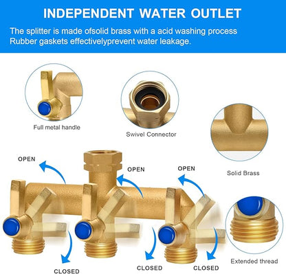 Brass Garden Hose Splitter, 3 Way Hose Splitter, Outdoor Hose Splitter, GHT 3/4 in. Female Inlet and 3 Way 3/4 in. Male Outlet for Regulating and Shutting Off Water Flow