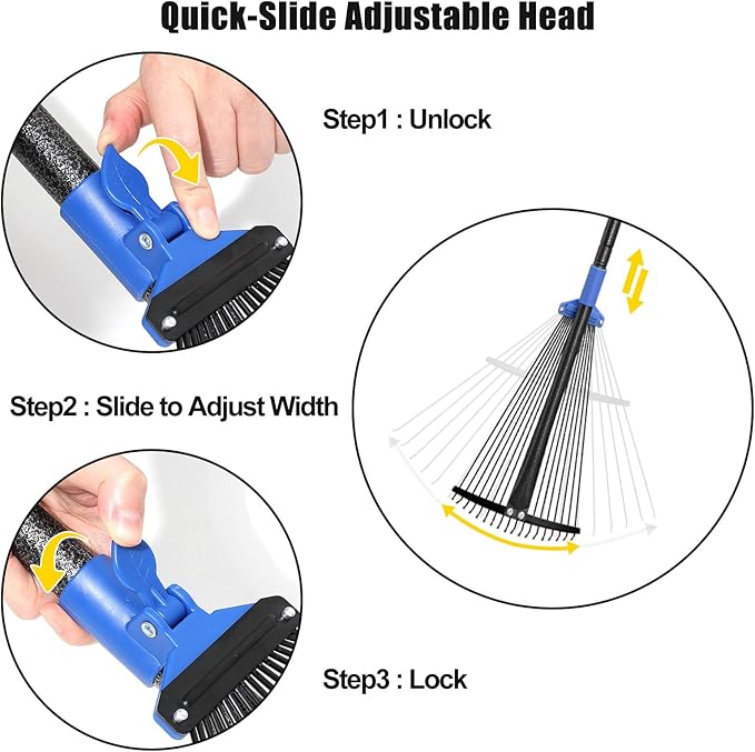 Expandable Rake for Leaves, Garden Leaf Rake for Lawns with 8-17“ Width & 65” Height - Lightweight Metal Yard Rakes for Women & Kids, for Pine Needles, Grass, Dog Poop - Easy Storage for RV & Camping