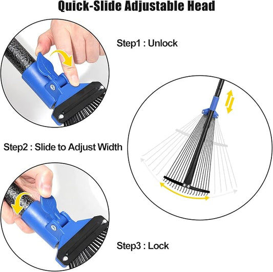 Expandable Rake for Leaves, Garden Leaf Rake for Lawns with 8-17“ Width & 65” Height - Lightweight Metal Yard Rakes for Women & Kids, for Pine Needles, Grass, Dog Poop - Easy Storage for RV & Camping