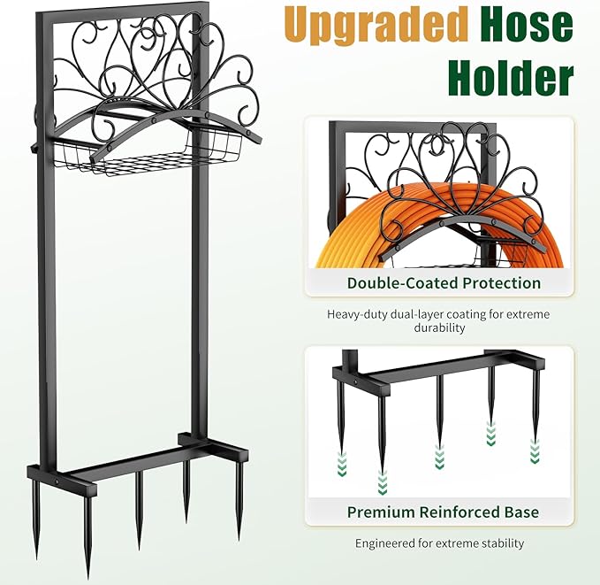 Garden Hose Holder, Heavy-Duty Metal Water Hose Holder with Detachable Storage Basket, Freestanding Hose Stand & Organizer for Outside Yard Lawn, Rust-Resistant Hose Rack for Easy Hose Storage