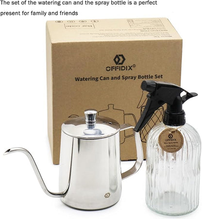 OFFIDIX Watering Can for Indoor Plants,Long Spout Metal Stainless Steel 21 oz/600 ml Watering Can with 14 oz/400ml Glass Plant Mister Spray Bottle for House Plant Bonsai