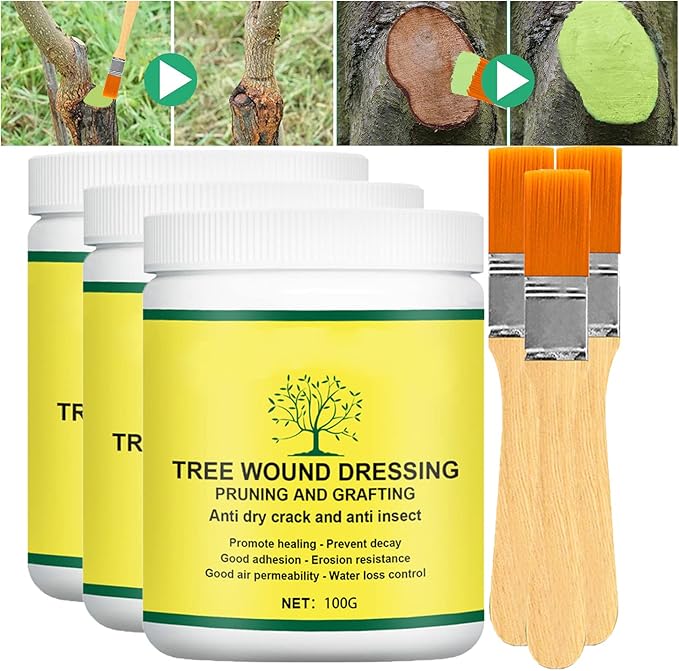 Tree Wound Sealer, Tree Pruning Sealer, Tree Grafting Supplies, Tree Wound Sealer Healing Paste, Bonsai Cut Paste, Pruning Sealer And Tree Wound Dressing for Trees, Shrubs, Roses (3Pcs*100g +3*Brush)