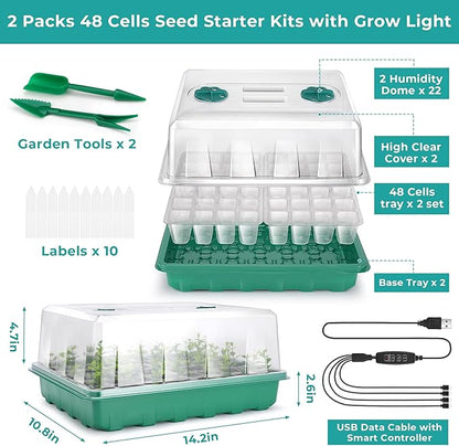 96 Cells Seed Starter Tray with Lights, 2 Packs Seed Starter Kit with Humidity Vented Domes and High Lid, Adjustable Brightness Germination Kit for Indoor Greenhouse Seed Starter