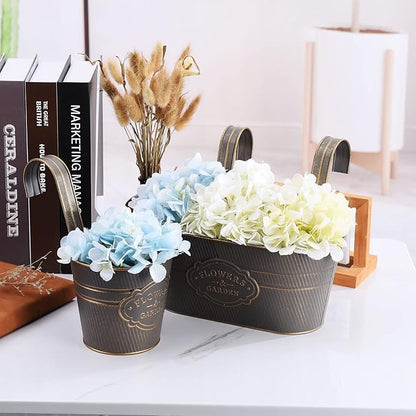 PerGar Vintage Metal Iron Wall Hanging Flower Pots, Rustic Planter Bucket Herb Flower Plant Holder with Detachable Hooks & Drainage Hole for Railing Fence Balcony Deck Garden Home Decoration, Set of 3