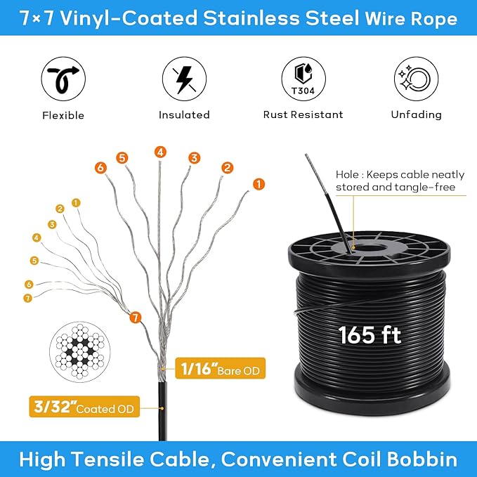 String Light Hanging Kit with 164FT Vinyl Coated Stainless Steel 304 Wire Rope Suspension Kit Included Enough Accessories with Turnbuckles and Hooks for Patio, Garden and Wedding Lighting