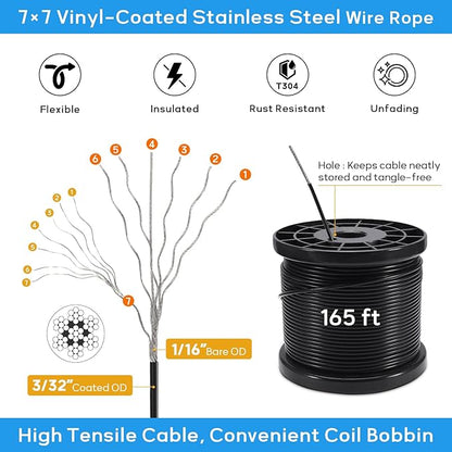 String Light Hanging Kit with 164FT Vinyl Coated Stainless Steel 304 Wire Rope Suspension Kit Included Enough Accessories with Turnbuckles and Hooks for Patio, Garden and Wedding Lighting