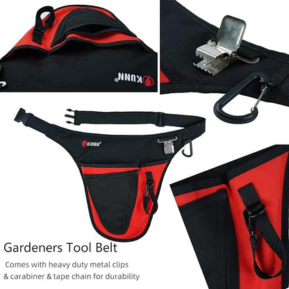 KUNN Garden Tool Belt,Durable Adjustable Tool Belt Waist Pouch with 4 Pocket for Women Men Gardeners Florist Red