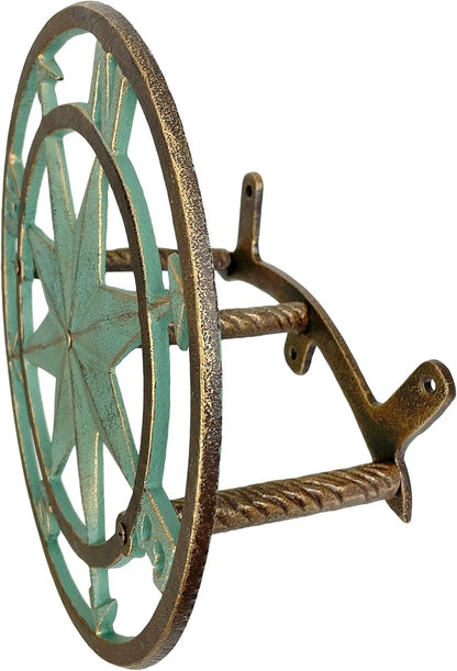 Verdigris Green Finish Cast Iron Nautical Compass Rose Wall Mounted Decorative Hanging Garden Hose Hanger - Hose Holder Organizer for Outdoor Spaces - 12 Inches in Diameter