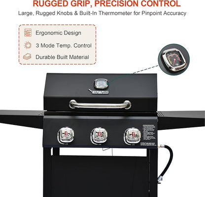 Brand-Man 3-Burner Propane Gas Grill, 27,000 BTU BBQ Grill with Porcelain-Enameled Grates, Built-In Thermometer, Side Shelves, Heavy-Duty Wheels – Outdoor Grill for Patio, Backyard & Garden