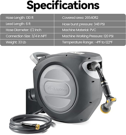 GLAHODEN Retractable Garden Hose Reel 1/2 in x 130 ft Upgraded UV Resistant Heavy Duty Automatic Hose Reel Wall Mount 3/4 in Brass Fitting 9 Pattern Nozzle Any Length Lock Slow Retraction