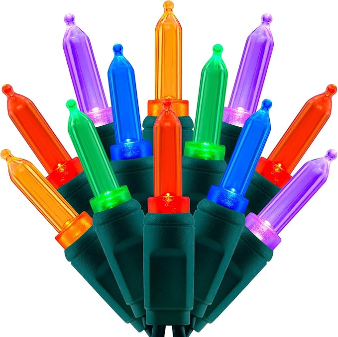 100 Multicolor One-Piece LED Christmas Lights, 33 ft Green Cord High Waterproof UL Certified T5 Outdoor String Lights (Multicolor)