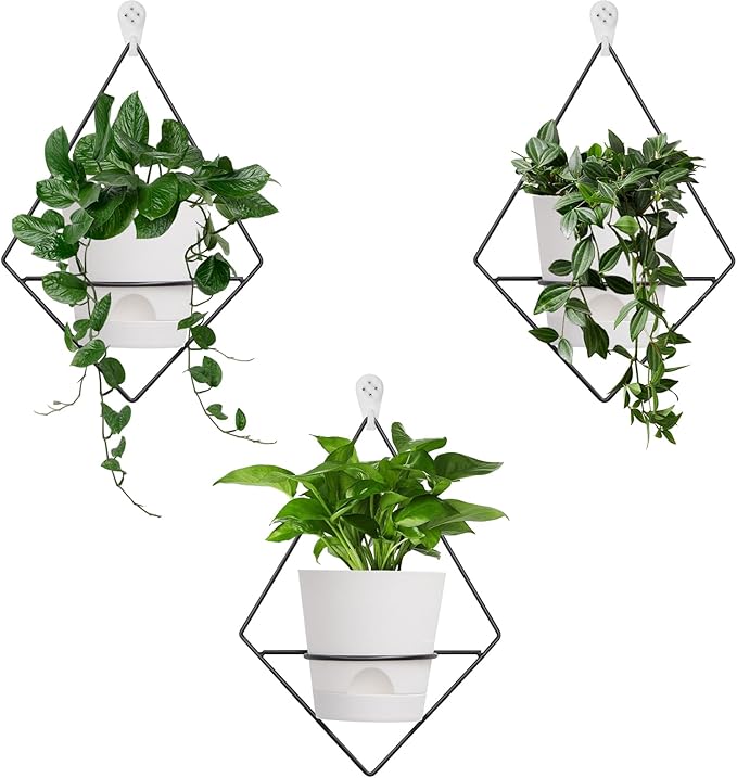 3 Sets Wall Planters for Indoor Plants Geometric Hanging Planters for Indoor Plants - Self-Watering Flower Pots with Black Metal Holder, Mounted Succulent Planter, 5" Black Plant Pot