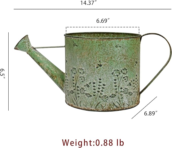 Vintage Metal Watering Can Planter with Embossed Floral - Distressed Green Decorative Watering Pot for Indoor/Outdoor Flowers, Succulents & Herbs, Rustic Home Decor Accent