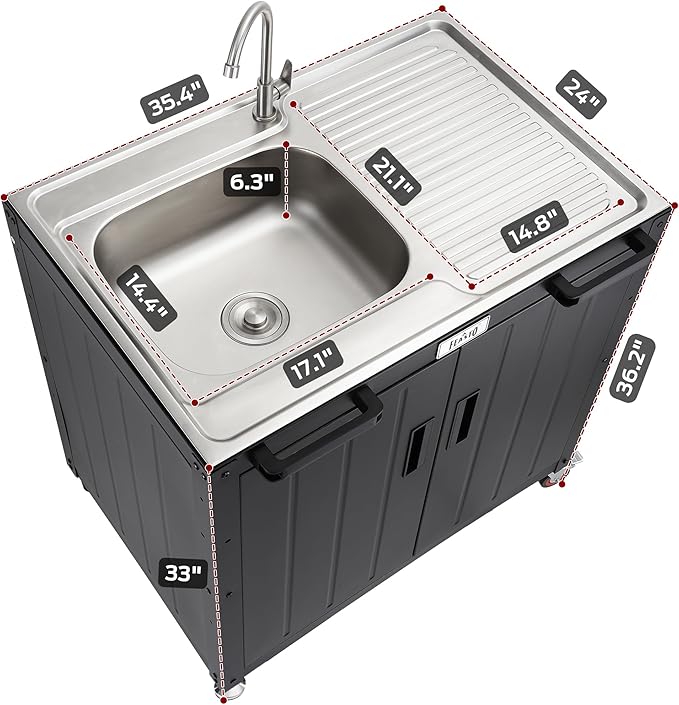 Freestanding Grill Cart with Sink and Cabinet, Movable Outdoor Cart Table with 304 Stainless Steel Sink, Outdoor Grill Cart, Outdoor Grill Station with Wheels, L35.4 x W24