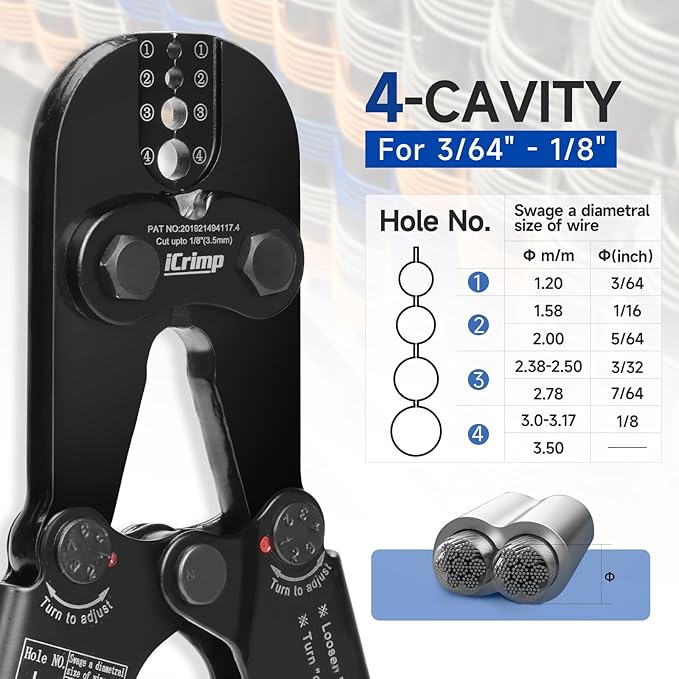 iCrimp Wire Rope Crimping Tool with Build-in Cutter, 3/64-inch to 1/8-inch, Swager Kit Includes 330pcs Loop Sleeve and 45pcs Stainless Steel Thimble and 15m Wire Rope IWS-1608MC