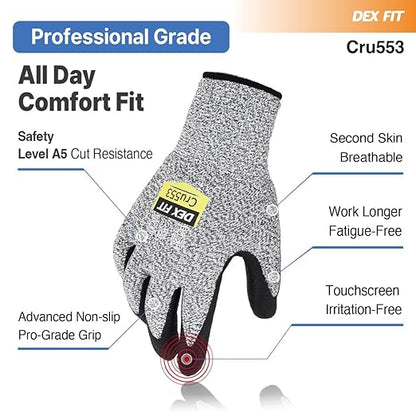 DEX FIT Level 5 Cut Resistant Gloves Cru553, 3D-Comfort Fit, Firm Grip, Thin & Lightweight, Touch-Screen Compatible, Durable, Breathable & Cool, Machine Washable; Grey XL (10) 1 Pair