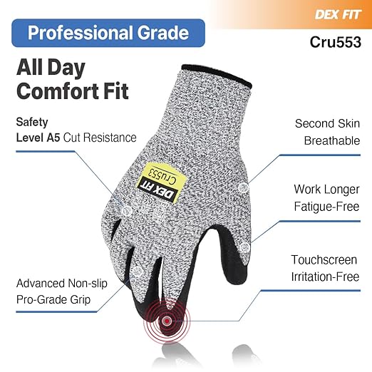 DEX FIT Level 5 Cut Resistant Gloves Cru553, 3D-Comfort Fit, Firm Grip, Thin & Lightweight, Touch-Screen Compatible, Durable, Breathable & Cool, Machine Washable; Grey M (8) 3 Pairs