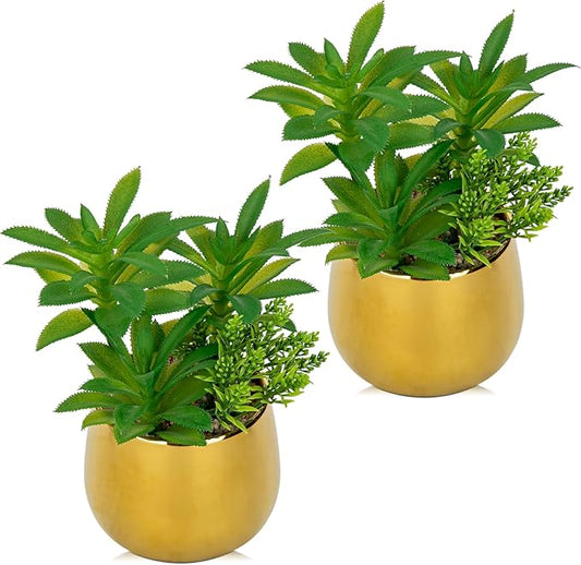 Briful Artificial Succulents Plants in Ceramic Pots, 2 Pack Faux Succulent Set with Gold Planters – Modern Desk Decor for Home Office Shelf Bathroom, Small Fake Plants Potted