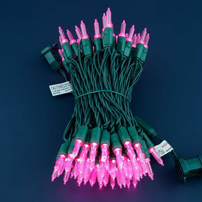 100 Pink One-Piece LED Christmas Lights, 33 ft Green Cord High Waterproof UL Certified T5 Outdoor String Lights (Pink)