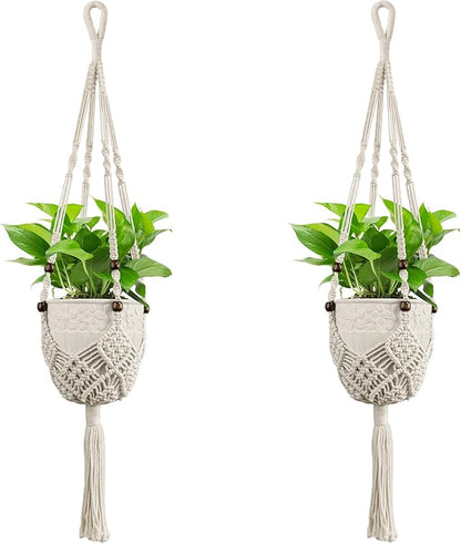 USLAI Macrame Plant Hanger for Indoor Outdoor, Up to 3-6.5 inch Pot, Hanging Planter Flower Pot Holder with Beads and Tassels, Boho Home Decor, 2-Pack, Ivory