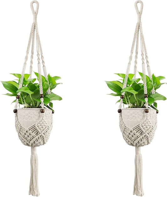 USLAI Macrame Plant Hanger for Indoor Outdoor, Up to 3-6.5 inch Pot, Hanging Planter Flower Pot Holder with Beads and Tassels, Boho Home Decor, 2-Pack, Ivory
