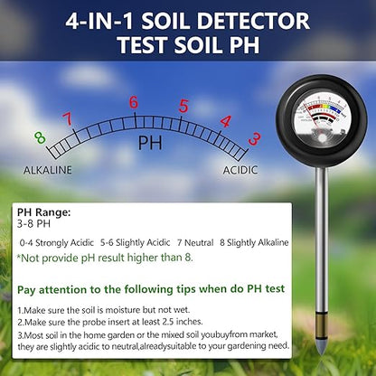 4-in-1 Soil Tester, Soil Moisture Meter/Soil PH Meter/Sun-Light/Fertility, Moisture Meter for Plants Gardening, Lawn, Farm (No Battery Required)