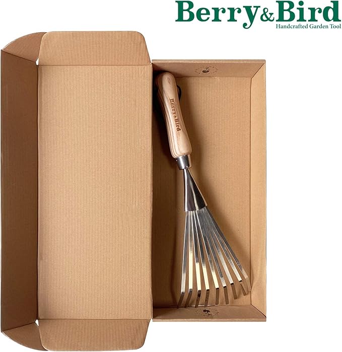 Berry&Bird Gardening Hand Shrub Rake, 14.7" Stainless Steel Grass Rake, 9 Tines Fan Lawn Leaf with Ergonomic Wooden Handle, Small Hand Rake for Sweep Leaves & Loose Debris in Garden, Lawns and Yards