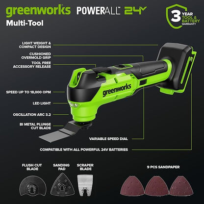 GREENWORKS 24V (5-TOOL) Combo (Drill + Impact Driver + Circular Saw + Multi-Tool + Flashlight), 4.0Ah + 2.0Ah (24,000mAh Power Bank) Batteries, (2) Cables, 65W Rapid Charger