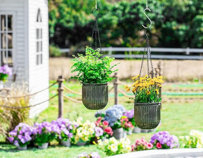 Melphoe 2 Pack Self Watering Hanging Planters Indoor Flower Pots, 5.3 Inch Outdoor Hanging Basket, Plant Hanger with 3Hooks Drainage Holes for Garden Home (Gray)