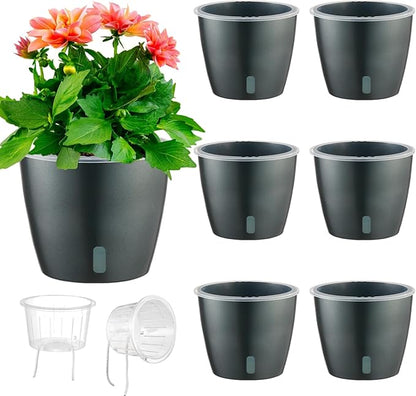Self Watering Pots for Indoor Plants, 6-Pack 6.7'' Self Watering Planter with Drainage Holes, Small African Violet Pots with Water Indicator, Clear Wick Orchid Pot, Grey