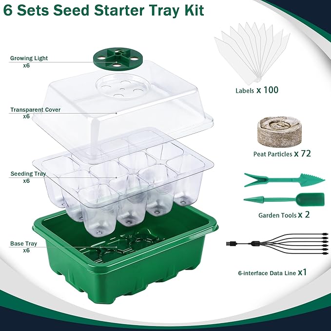 6 Pack Seed Starter Tray Kit with Grow Light and Humidity Dome Germination Trays, 72 Peat Pellets, Plant Labels, Gardening Tools, Green, Modern Style, 7.3 x 5.7 x 4.5 inches