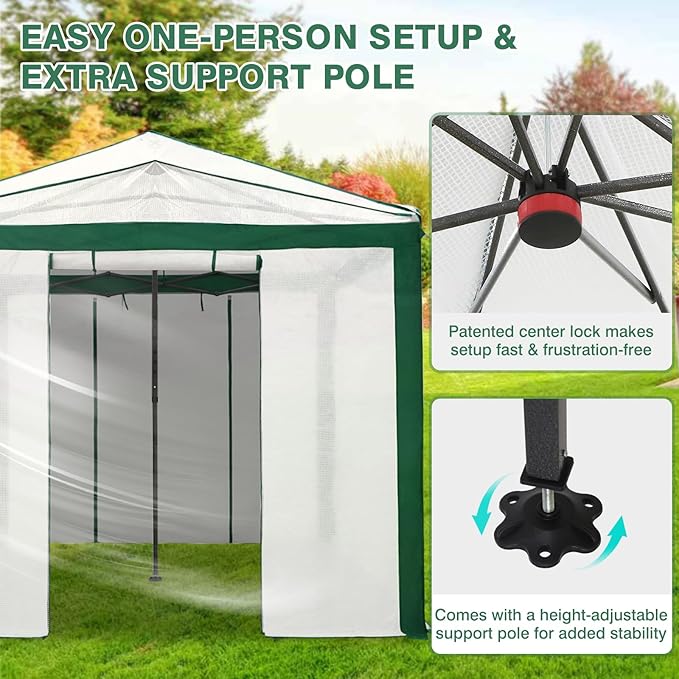 EAGLE PEAK 12x8 Portable Walk in Greenhouse with Polyester Reinforced Corners, Instant Pop up Indoor Outdoor Gardening Green House, Roll Up Zipper Doors Mesh Windows & Winter Support Pole, Green/White