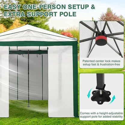 EAGLE PEAK 12x8 Portable Walk in Greenhouse with Polyester Reinforced Corners, Instant Pop up Indoor Outdoor Gardening Green House, Roll Up Zipper Doors Mesh Windows & Winter Support Pole, Green/White