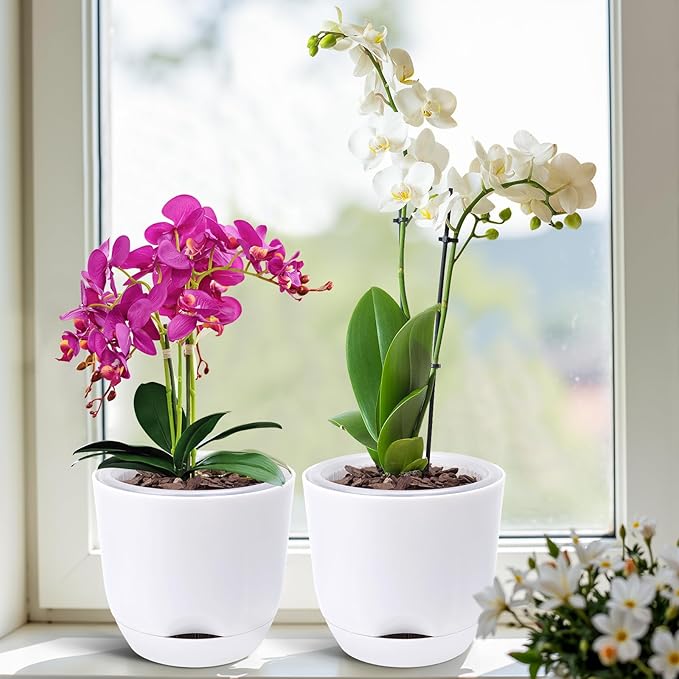 QCQHDU 2 Pack 7.2 Inch Orchid Pots with Holes for Repotting, Double-Layer and Self Watering Orchid Pot with Good Air Circulation