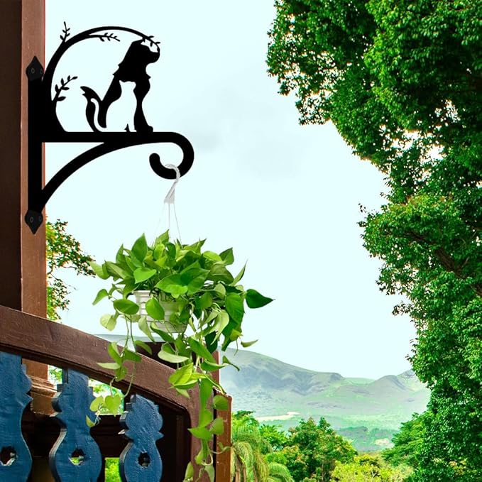 Peacoblue Iron Plant Hanger Hook for Outdoor Indoor Hanging Plant Flower Fern Pots Lantern Bird Feeder Wind Chime,12"x15.7" Weather Resistant Metal Wall Holder for Porch Garden Farmhouse(Dog with Cat)