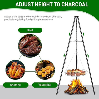 Outvita Campfire Tripod Grill, Adjustable Height BBQ Grill Grate Stainless Steel for Outdoor Camping BBQ, Black