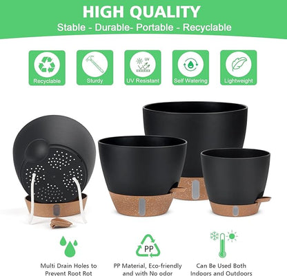 12" 10" 9" 8" Self Watering Pots with Water Level Indicator, Large Plastic Planters Set with Mesh Drainage Hole and Removable Saucer Reservoir, Big Flower Pot for Indoor Outdoor Plants (Black)