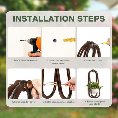 Wooden Wall Planters for Indoor with Ceramic Pot - Modern Hanging Plant Stand Shelf for Indoor Plants, Wall Mounted Plant Holder for Living Room, Bedroom, Wall Decor - Walnut Color (Set of 2)