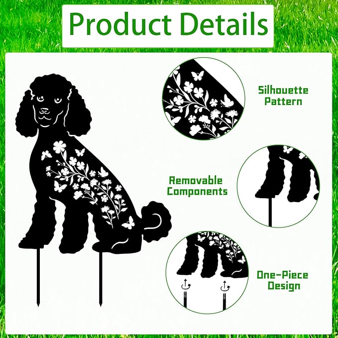Poodle Metal Garden Stakes Yard Decor, 2PCS Black Poodle Dog Silhouette Statues Garden Decorative Gifts for Yard Art, Patio, Outside, Lawn Ornaments, Christmas, Backyard, Pathway