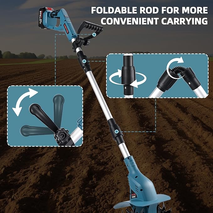 21v Cordless Tiller, 8-Inch Wide 4.0 Ah Battery Powered Garden Cultivator, Cultivator with Steel Tines and Battery Capacity Display, Rototiller for Lawn/Gardening/Soil Cultivation (Blue) by Shintyool