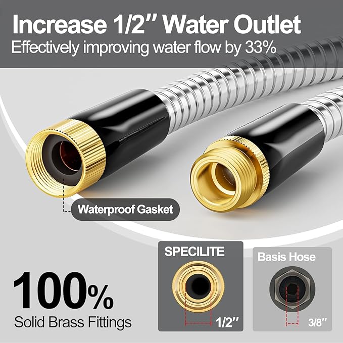 SPECILITE 1/2" 304 Stainless Steel Garden Hose, 100FT Water Pipe with Heavy Duty Metal Nozzle for Yard, Outdoor, Lawn - Flexible, Never Kink & Tangle, Puncture Resistant