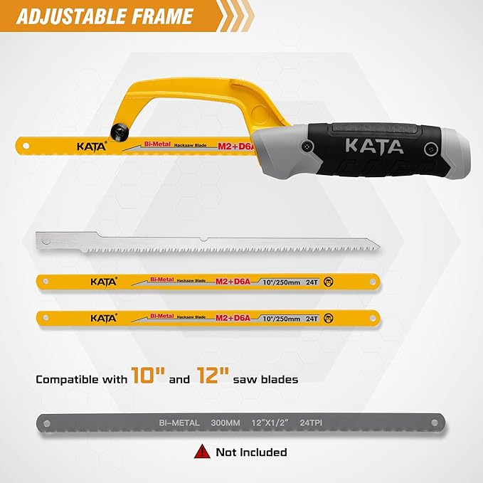 KATA Hacksaw, Compact Hand Operating Hack Saw with 10 Inch Aluminum Frame, 2 Piece Extra Flexible Bi-Metal HSS Blades and 1 Piece Woodworking Saw Blade, Suitable for Wood and Metal (Mini Hacksaw)