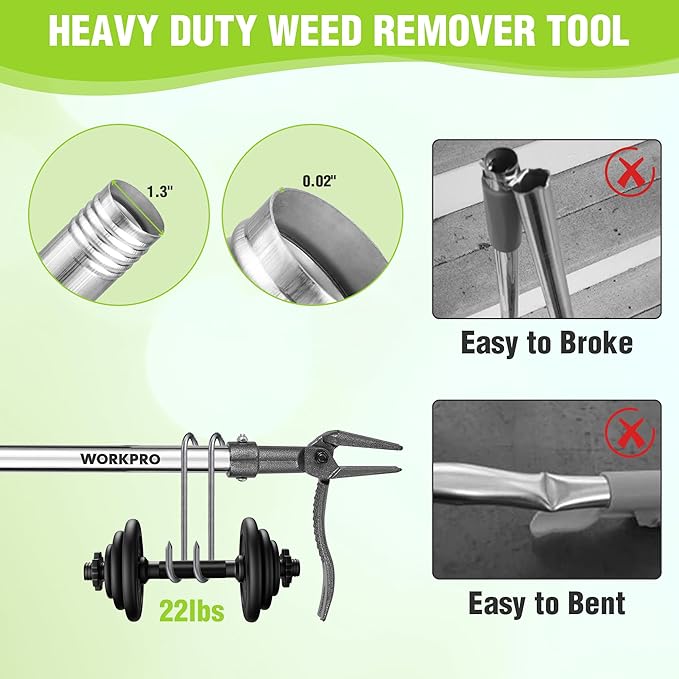 WORKPRO Weed Puller Tool with Long Adjustable Handle (33", 46"), Stand Up Heavy Duty Weed Remover- 4 Claw Steel Head & Foot Pedal for Easy Weeding, Detachable Dandelion Picker for Lawn/Yard/Garden