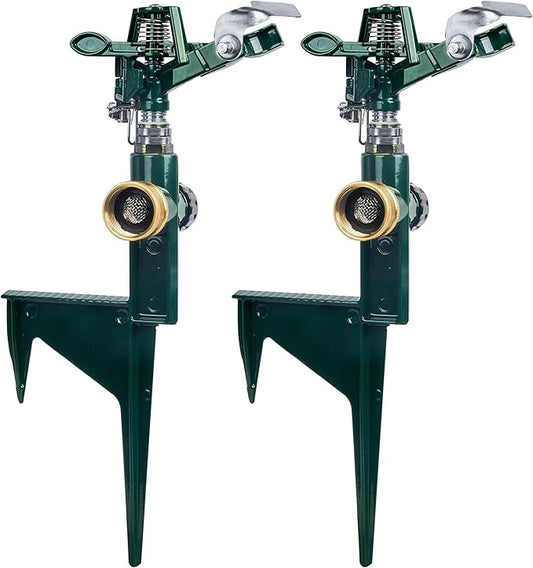 Hourleey 2 Pack Impact Sprinklers for Yard, Adjustable Pulsating Water Sprinkler Head on Step Spike, Zinc Alloy Lawn Sprinkler for 360 Degree Large Area Patio Garden Irrigation