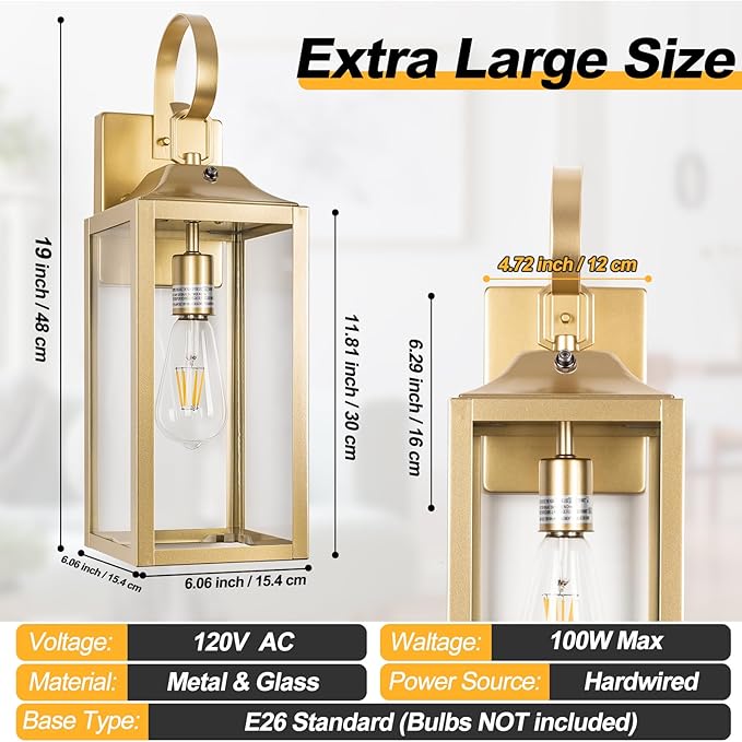 19" Large Dusk to Dawn Outdoor Wall Light, Gold Porch Light Outdoor Wall Lantern Industrial Wall Mount Light Fixture, Waterproof Modern Porch Lighting Exterior Lamp for House Garage
